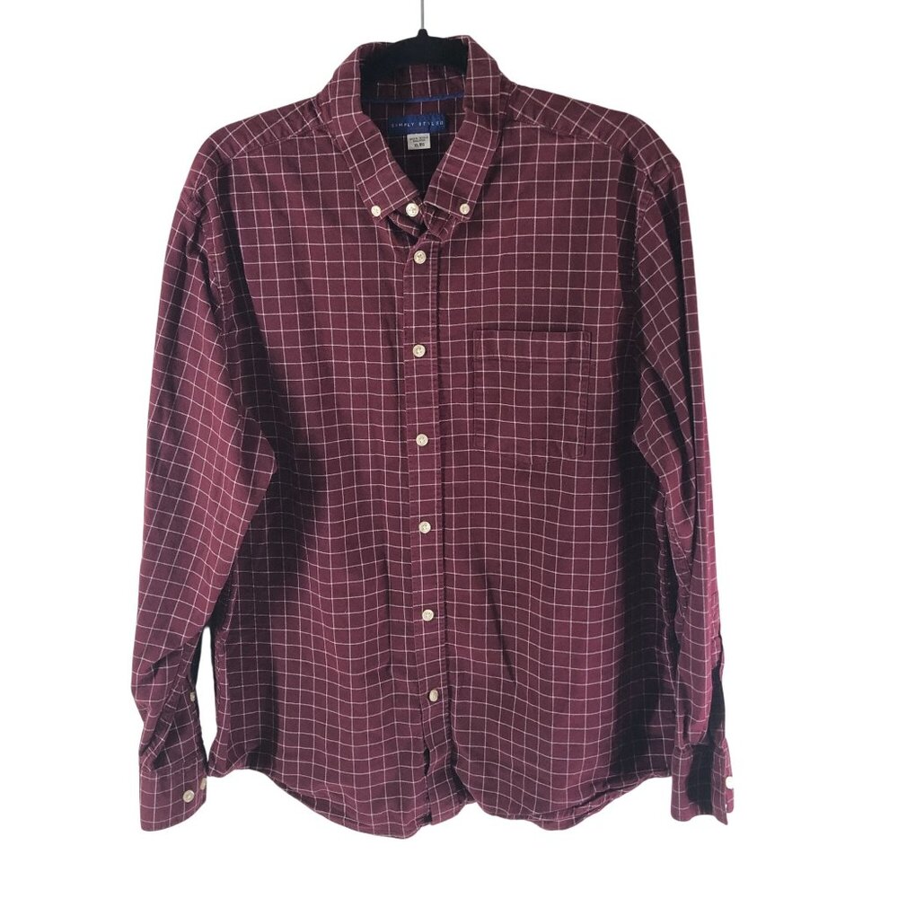Simply Styled by Sears Mens Button Down Shirt Thick Cotton Plaid Burgundy XL